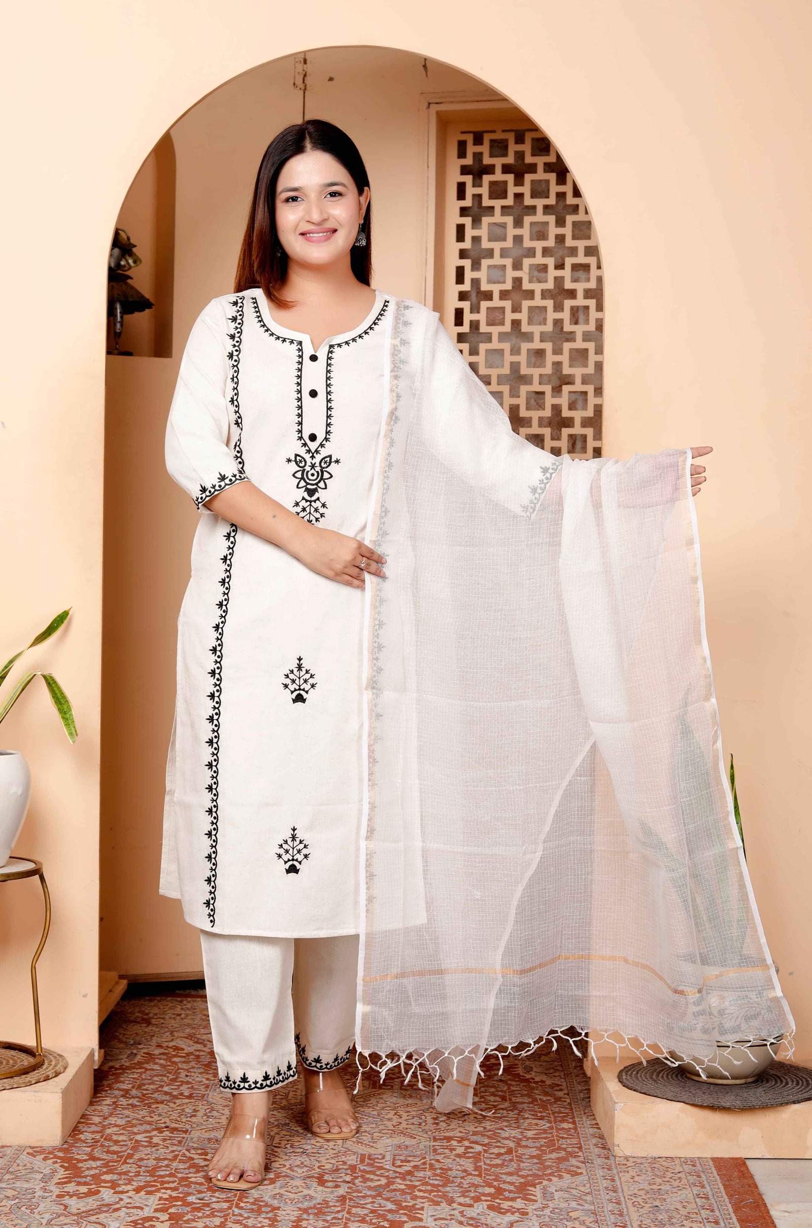 Noor White Embroidered Cotton Suit Set